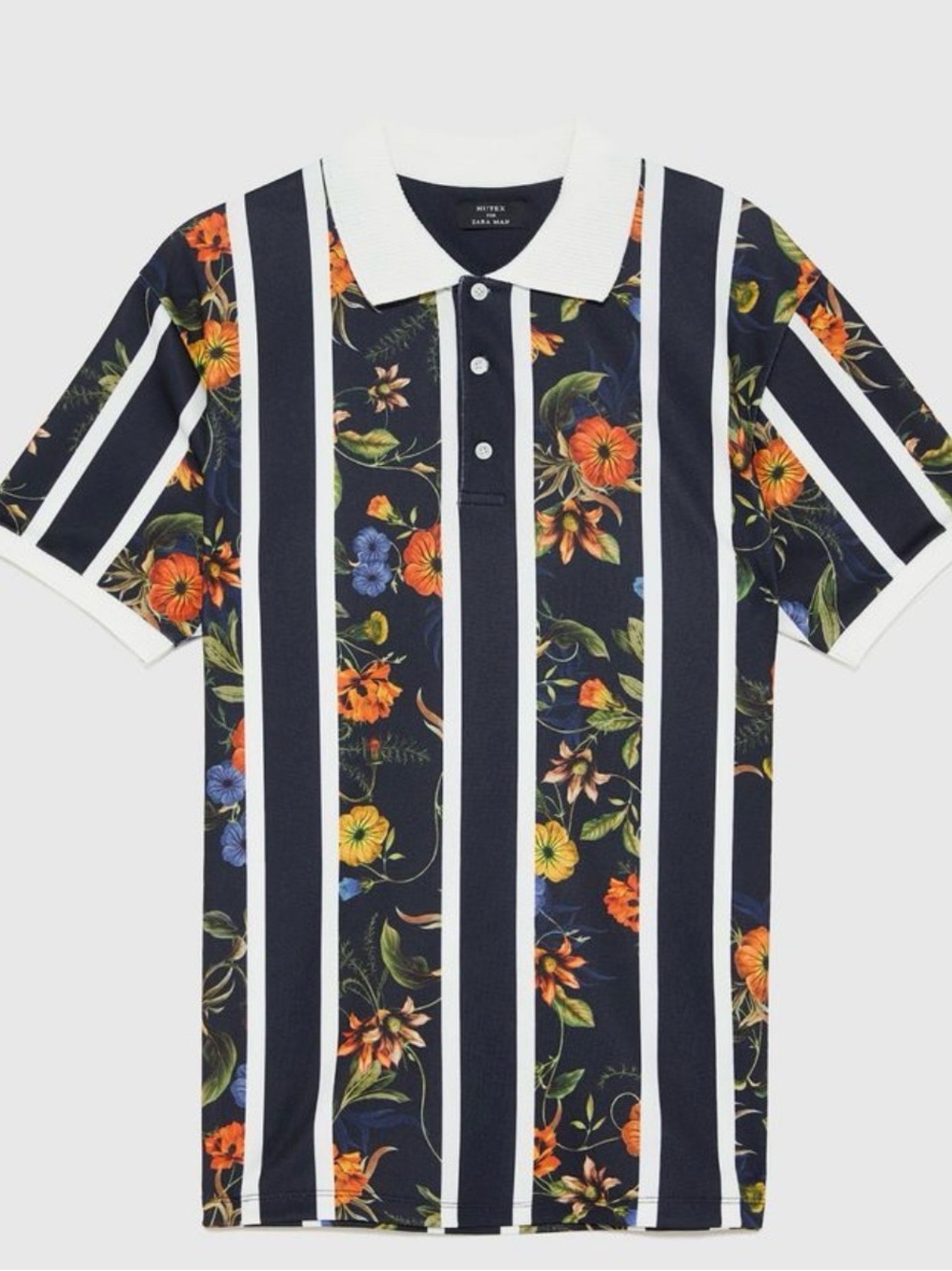 Zara Navy & White Striped Floral Polo